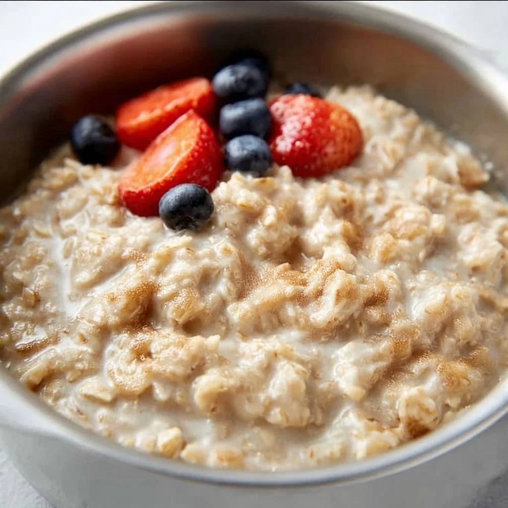 Delicious bowl of oatmeal topped with fresh fruits and nuts