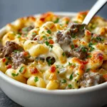 Delicious Philly Cheesesteak Mac with cheese, steak, and pasta