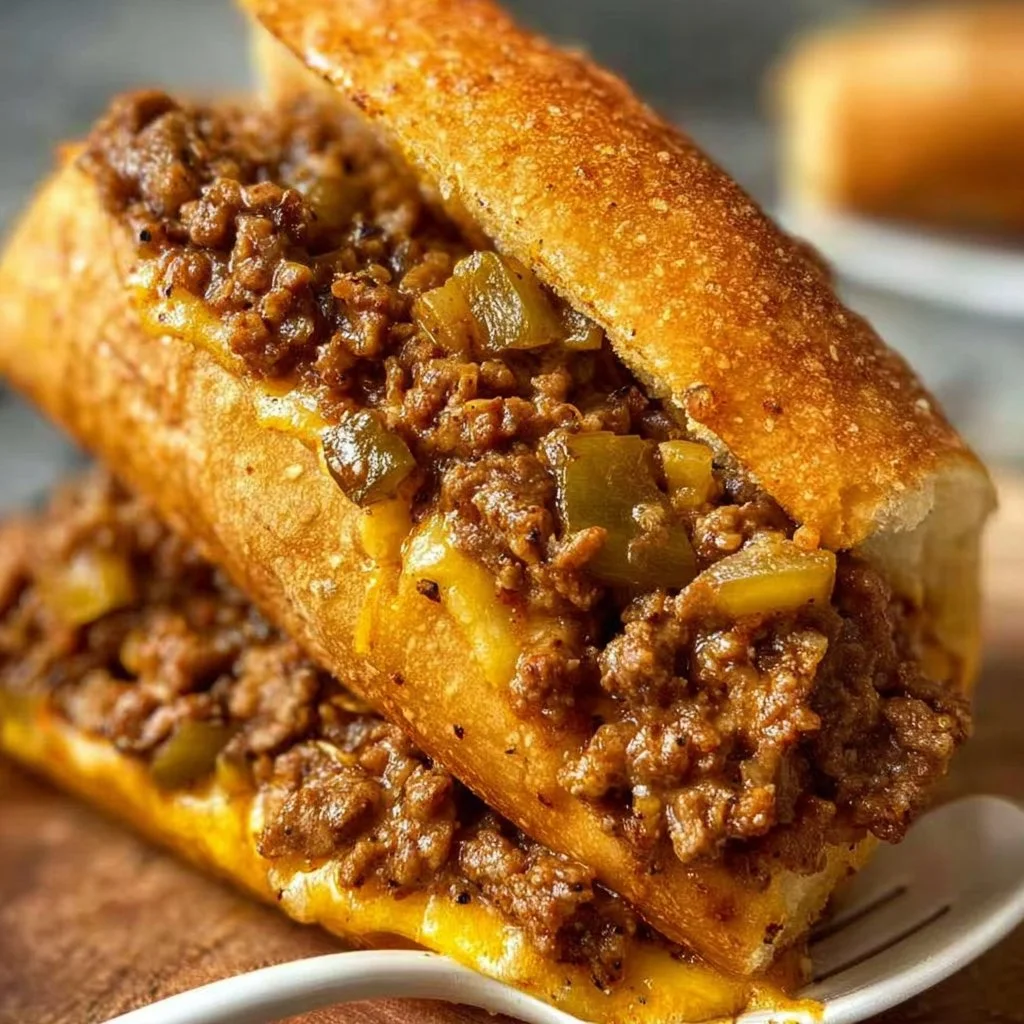 Delicious Philly cheesesteak sloppy joes on a plate with toppings