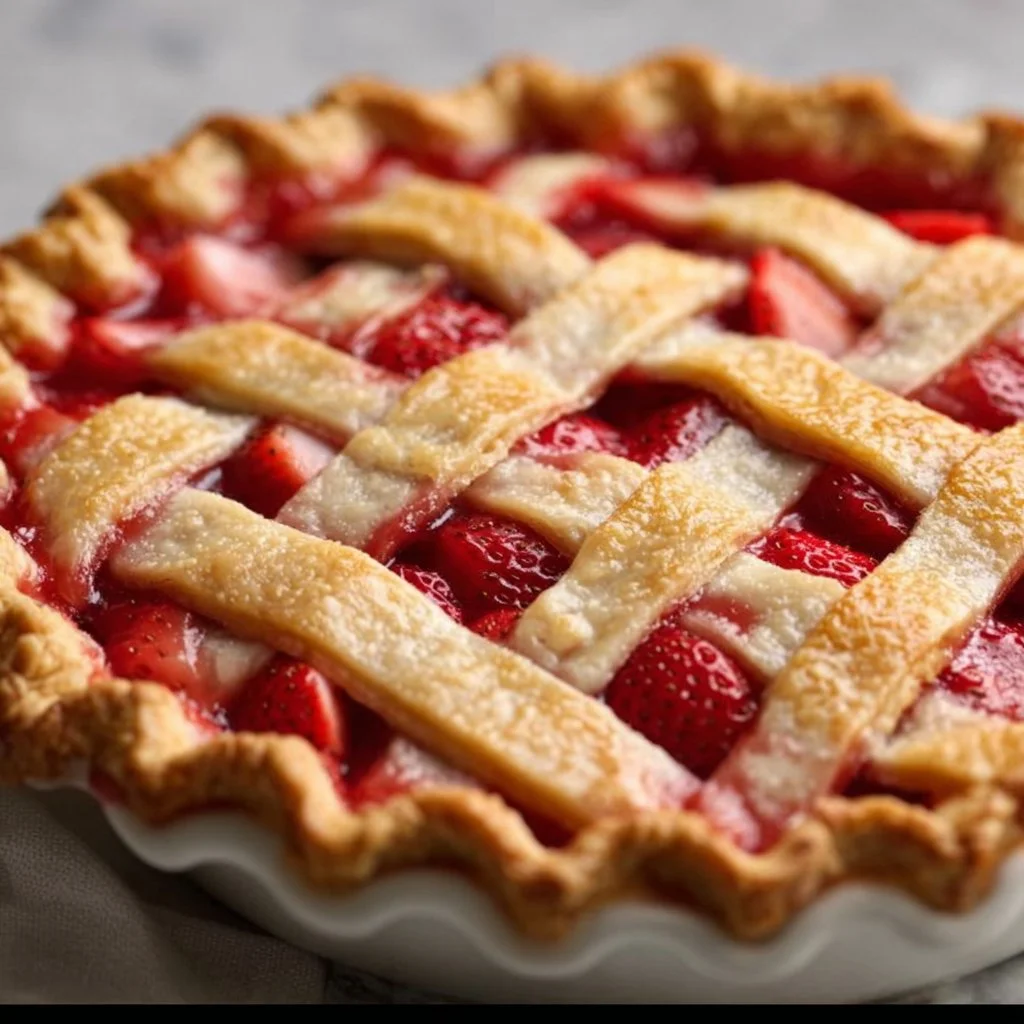 Pioneer Woman's homemade strawberry rhubarb pie, showcasing its luscious filling and flaky crust.