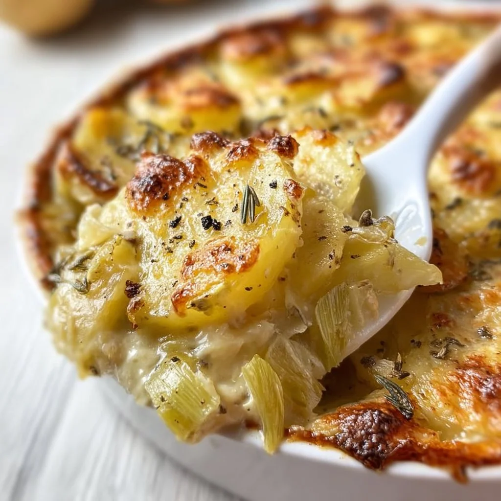Delicious Potato Leek Gratin topped with cheese and herbs, served on a plate.