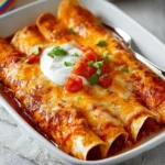 Delicious quick and easy enchiladas served on a plate with toppings