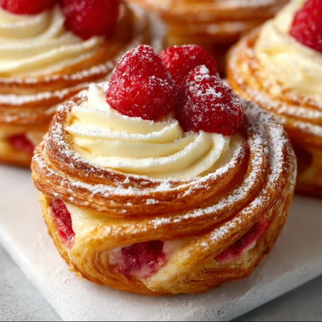 Raspberry Cream Cheese Cruffins with flaky pastry and creamy filling