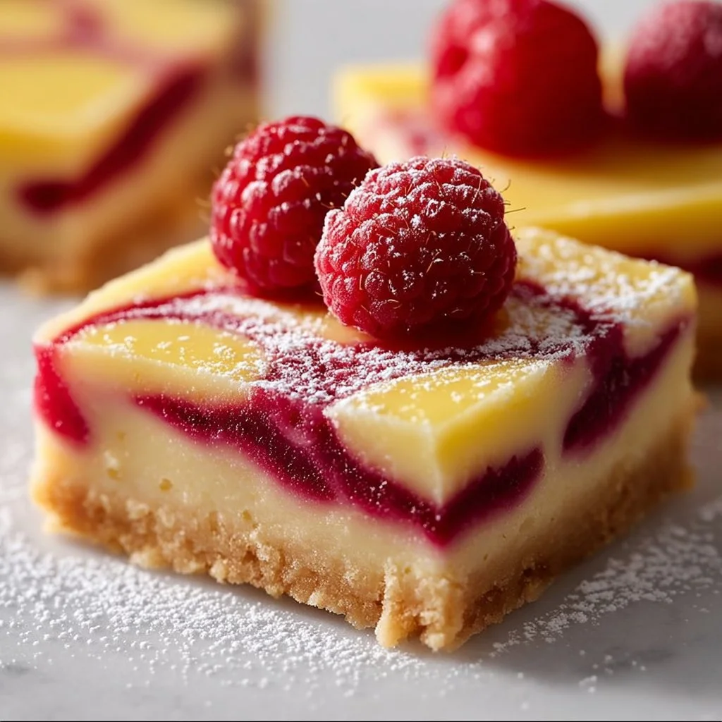 Delicious Raspberry Lemon Bars with a crust and fresh raspberries on top