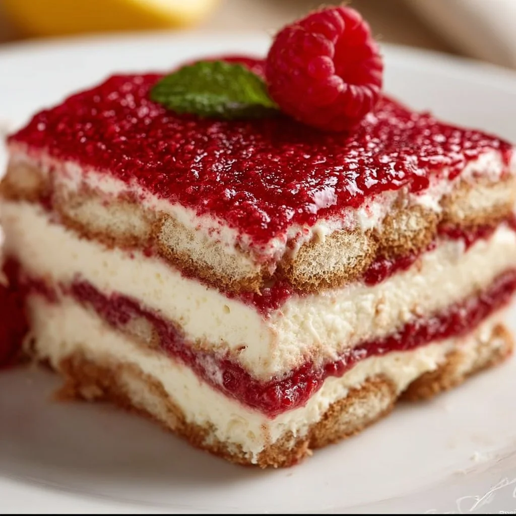 Delicious raspberry tiramisu dessert layered with mascarpone and fresh raspberries