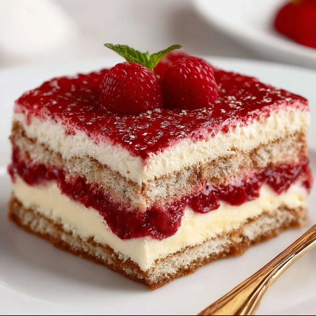 Delicious Raspberry Tiramisu dessert with creamy layers and fresh raspberries