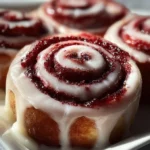 Delicious Red Velvet Cinnamon Rolls topped with cream cheese icing.
