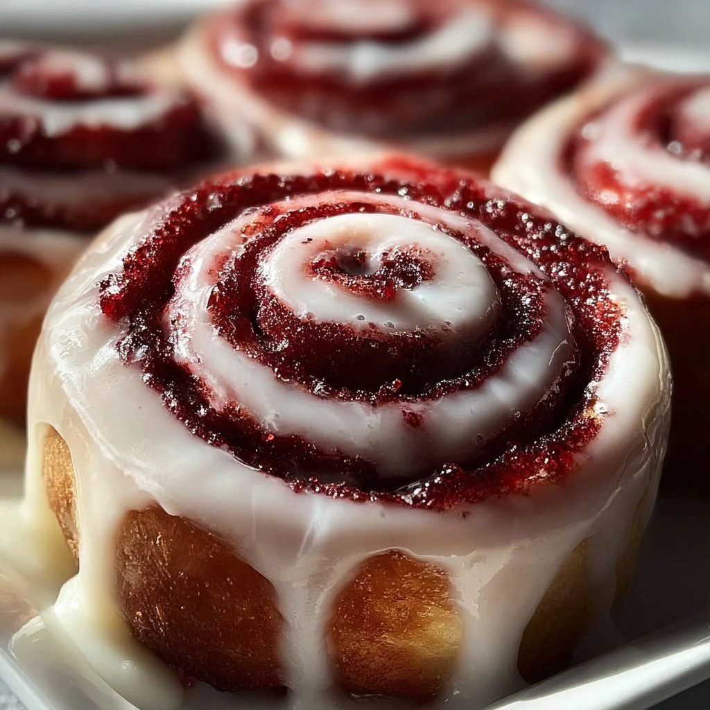 Delicious Red Velvet Cinnamon Rolls topped with cream cheese icing.