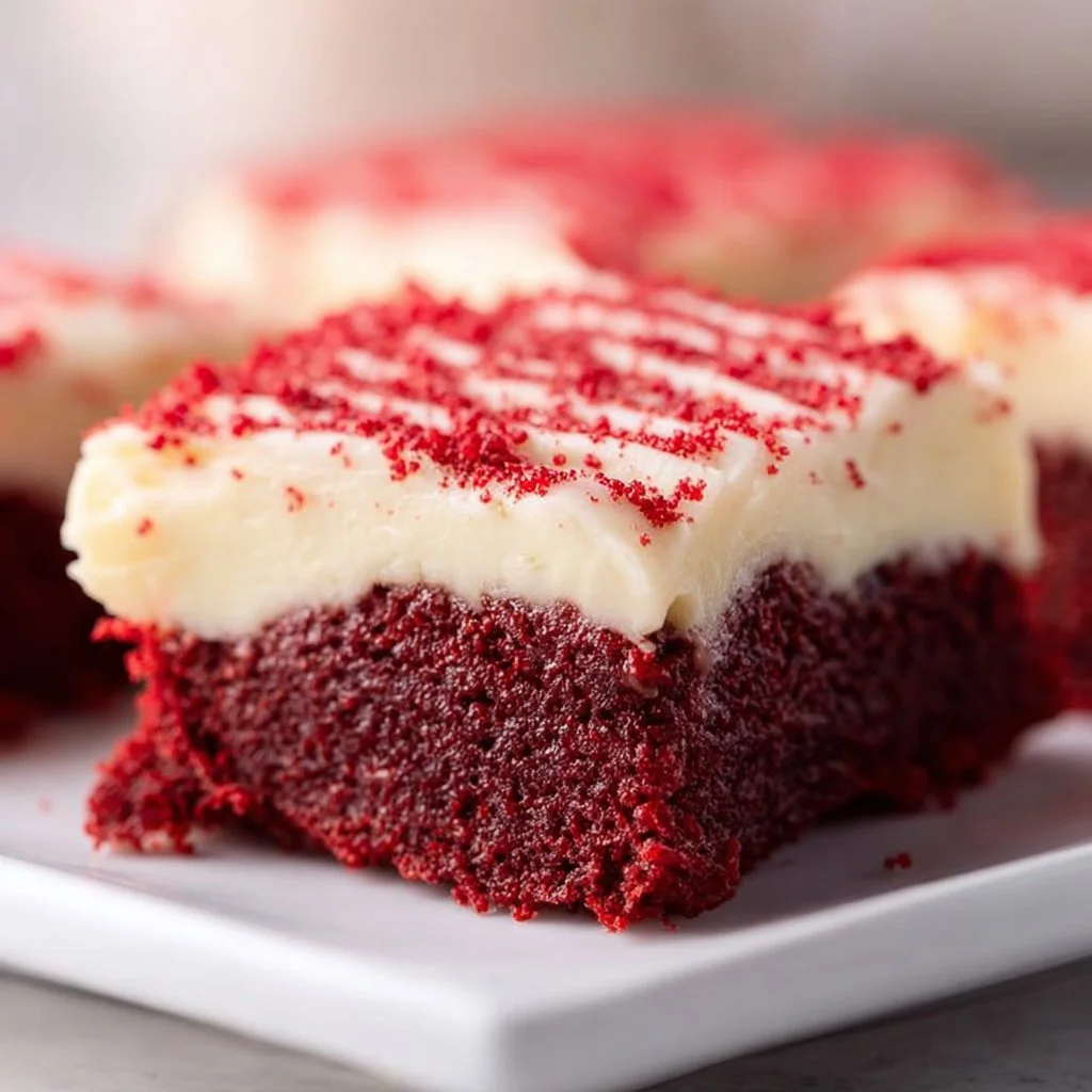 Plate of freshly baked Red Velvet Cookie Bars topped with cream cheese frosting