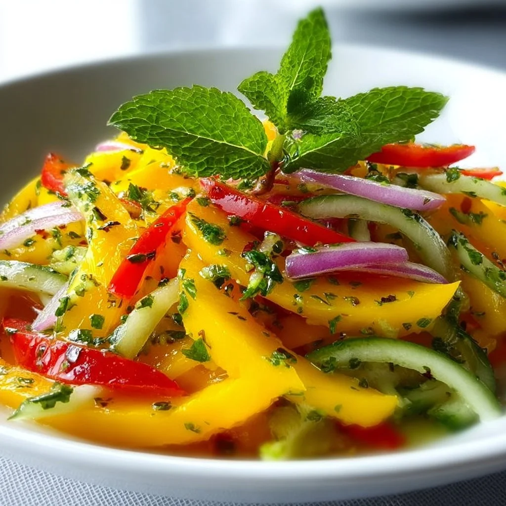 A vibrant bowl of refreshing mango salad with greens and dressing