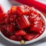 Rhubarb and Strawberry Jam 3 Jar of homemade rhubarb strawberry jam on a wooden table