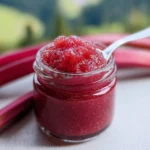 Homemade rhubarb butter in a jar with a spreader on a wooden table