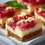 Delicious rhubarb cheesecake squares on a plate, garnished with fresh rhubarb.