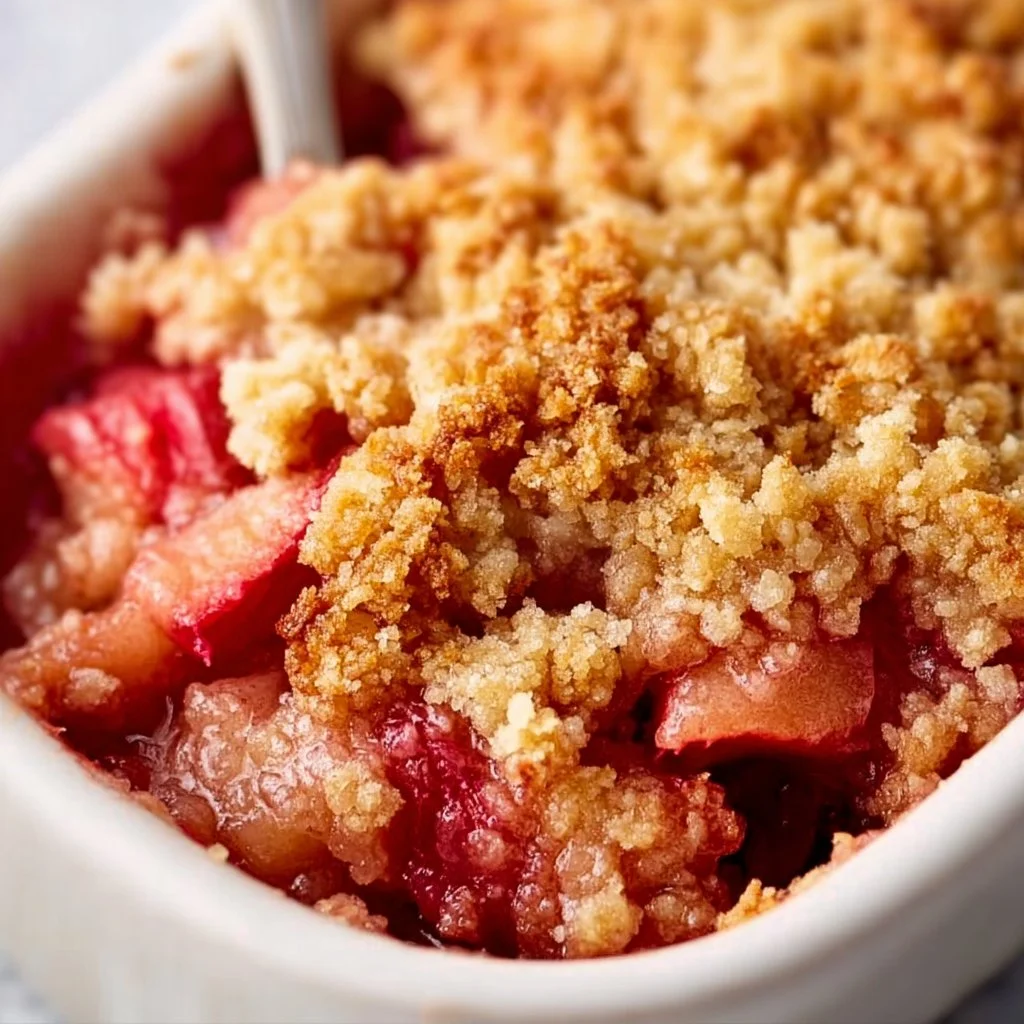 Delicious homemade rhubarb crisp dessert with crumble topping