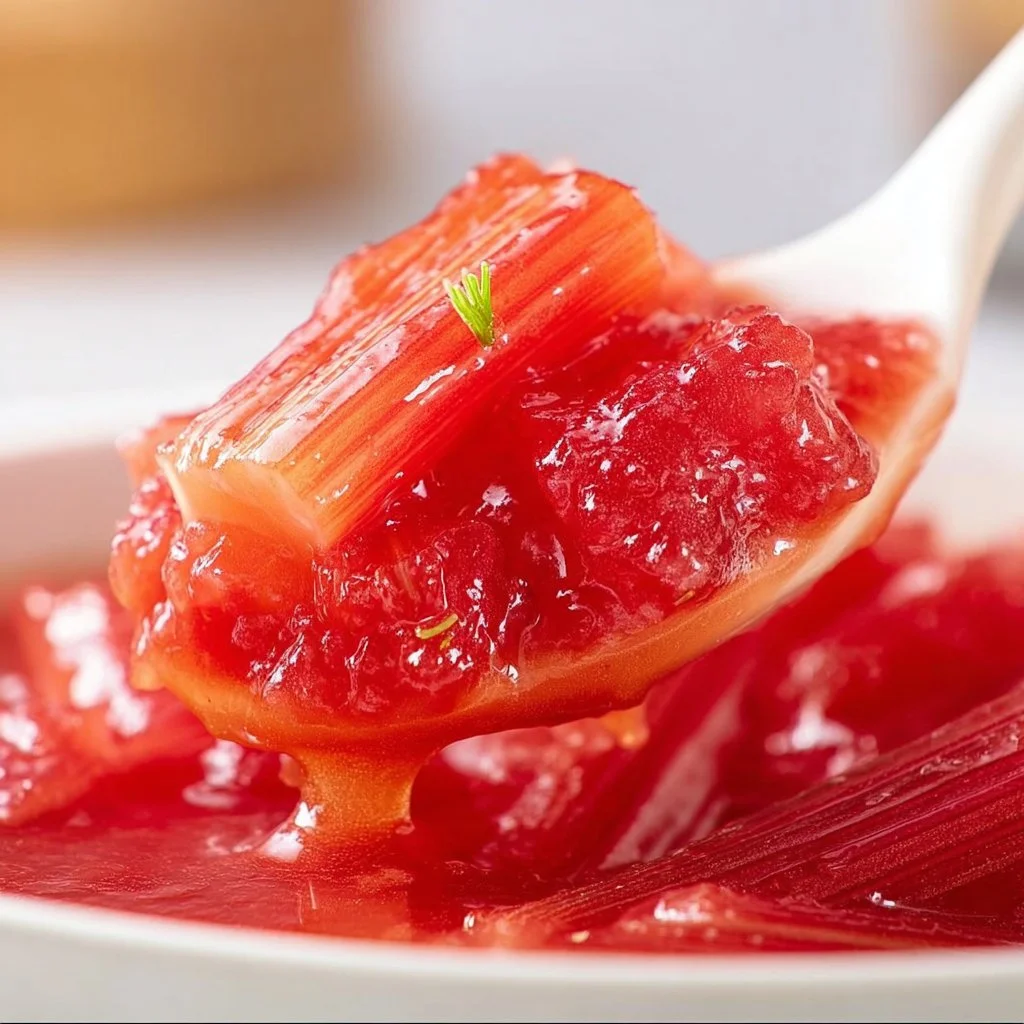 Homemade rhubarb sauce in a jar, perfect for desserts.