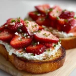 Roasted Strawberry Whipped Ricotta Toast 3 Roasted strawberry whipped ricotta toast topped with fresh strawberries and mint.