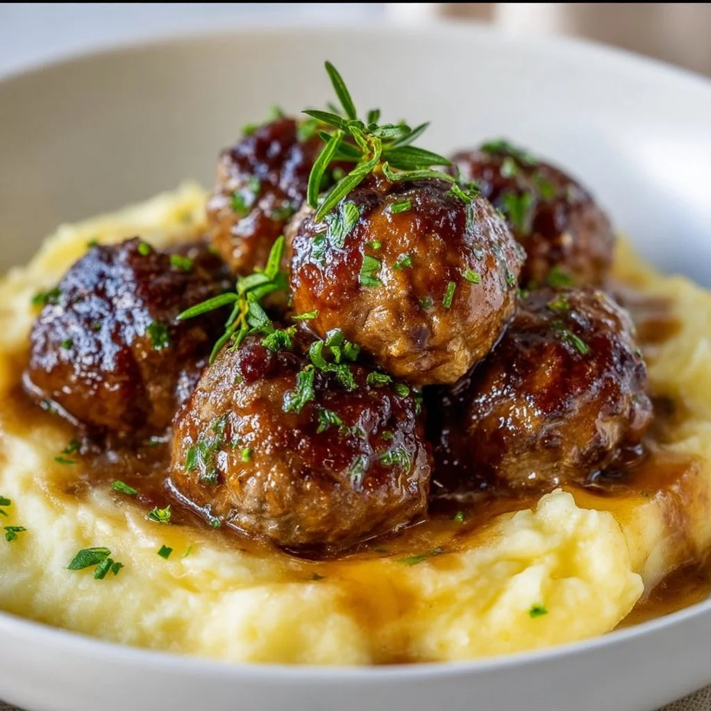 Salisbury steak meatballs served with gravy over mashed potatoes.