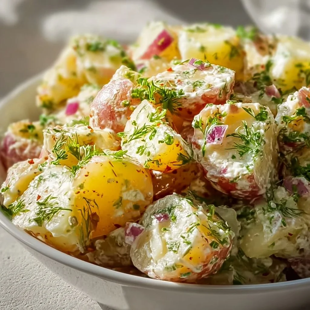Salt and vinegar potato salad with fresh herbs and vegetables