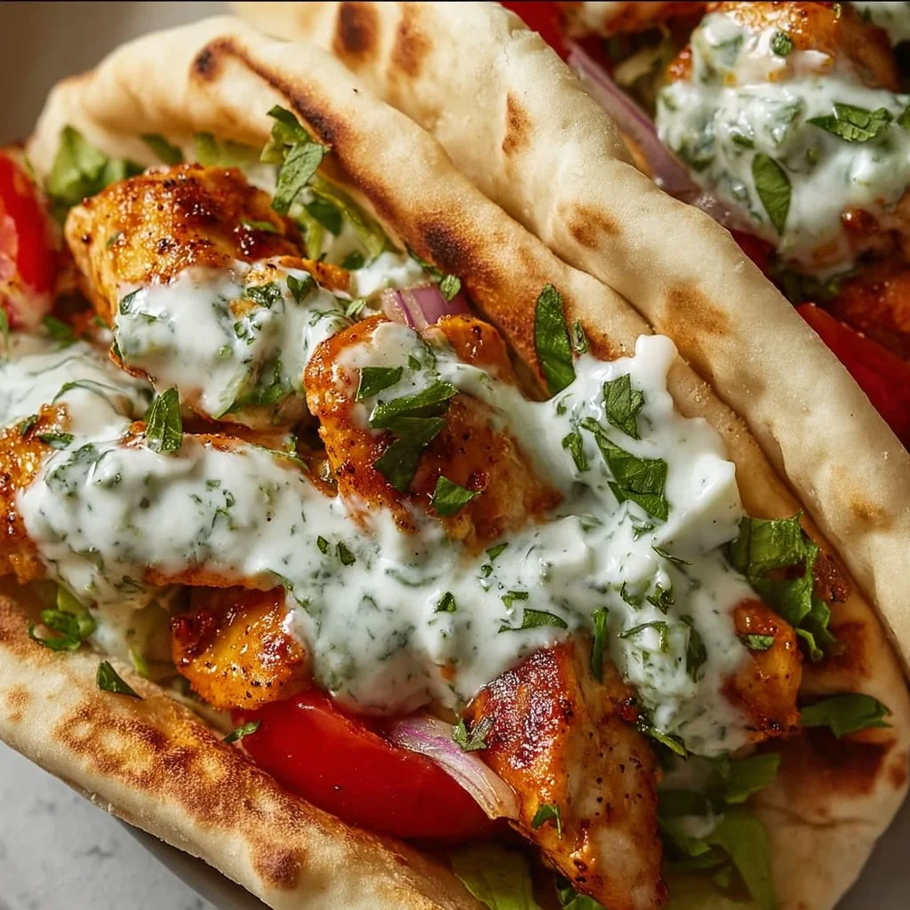 Sheet pan chicken pitas topped with fresh veggies and served on a plate