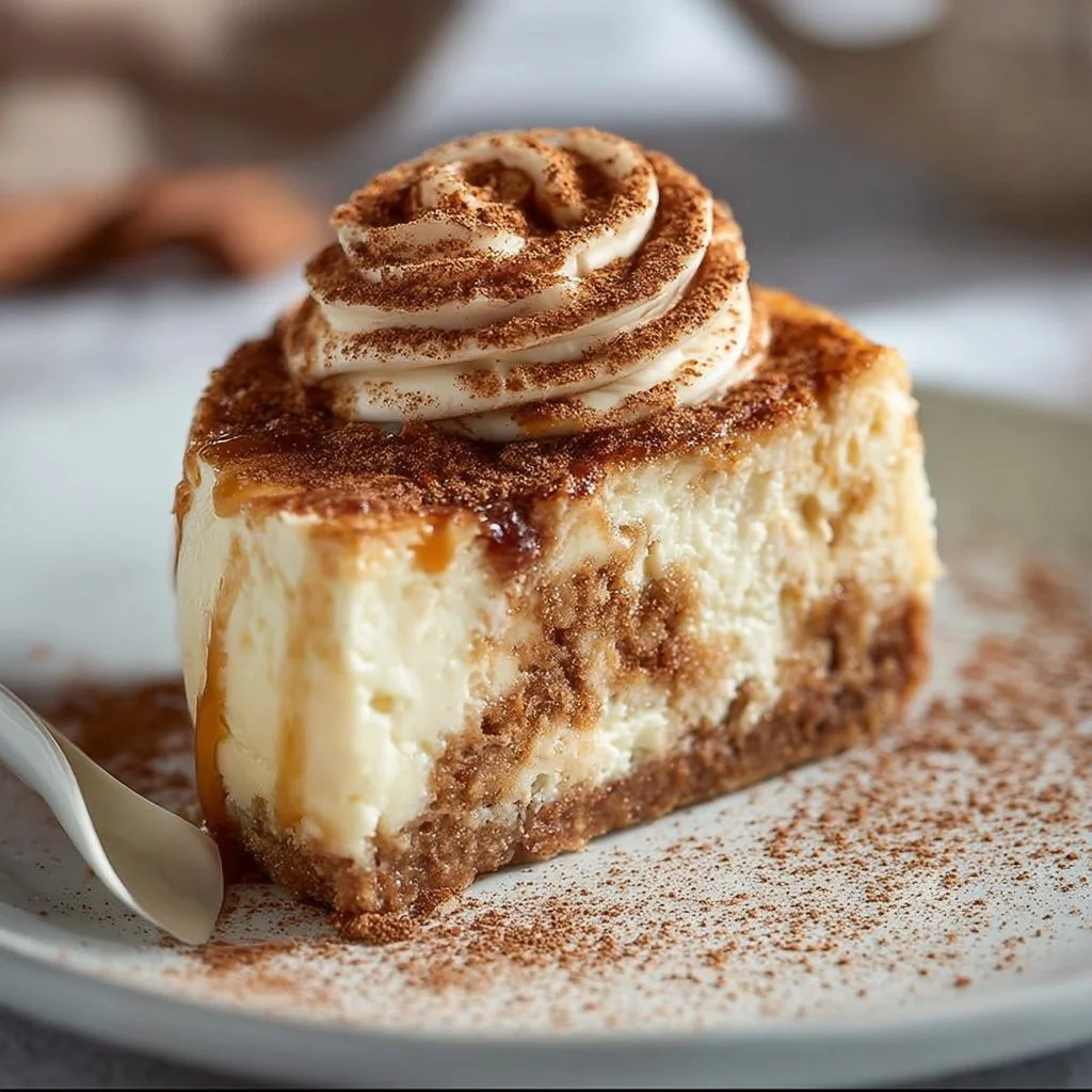 Delicious slice of snickerdoodle cheesecake topped with cinnamon and sugar