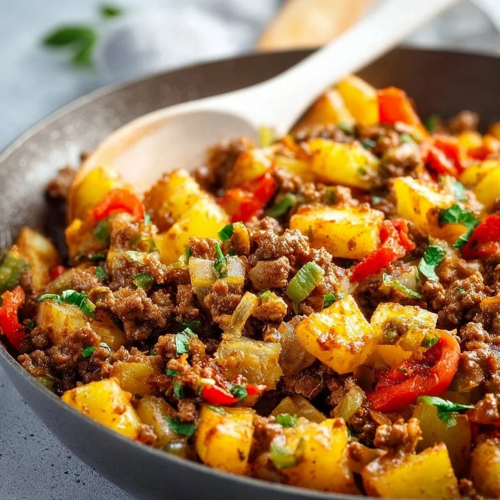 Delicious Southwest ground beef and potato skillet served in a cast iron pan