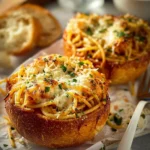 Spaghetti garlic bread bowls with melted cheese and herbs