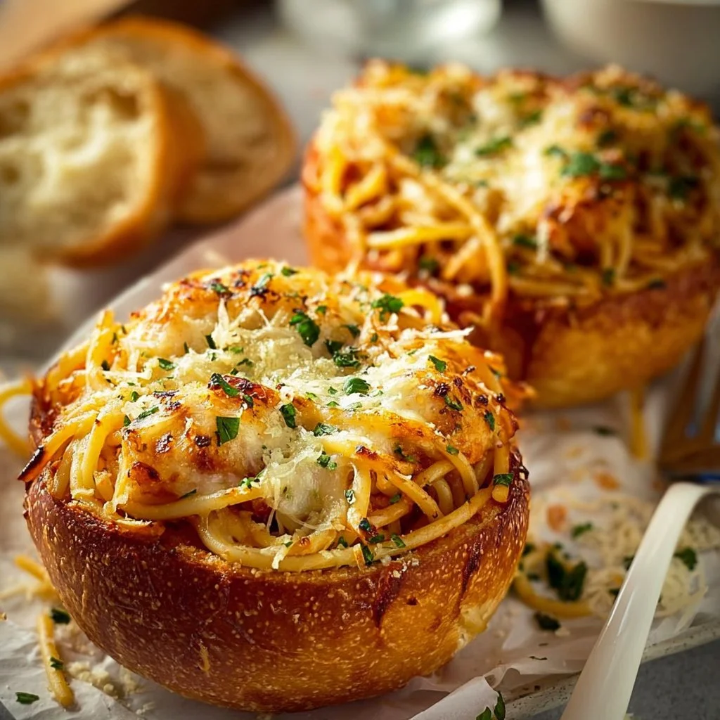 Spaghetti garlic bread bowls with melted cheese and herbs