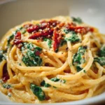 Spaghetti spinach with sun-dried tomato cream sauce in a bowl