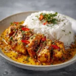 Spicy Brazilian Coconut Chicken dish featuring creamy coconut sauce and vibrant spices.