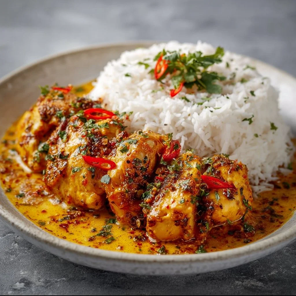 Spicy Brazilian Coconut Chicken dish featuring creamy coconut sauce and vibrant spices.