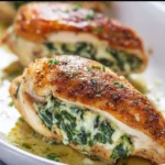 Juicy spinach stuffed chicken breasts, garnished and ready to serve.