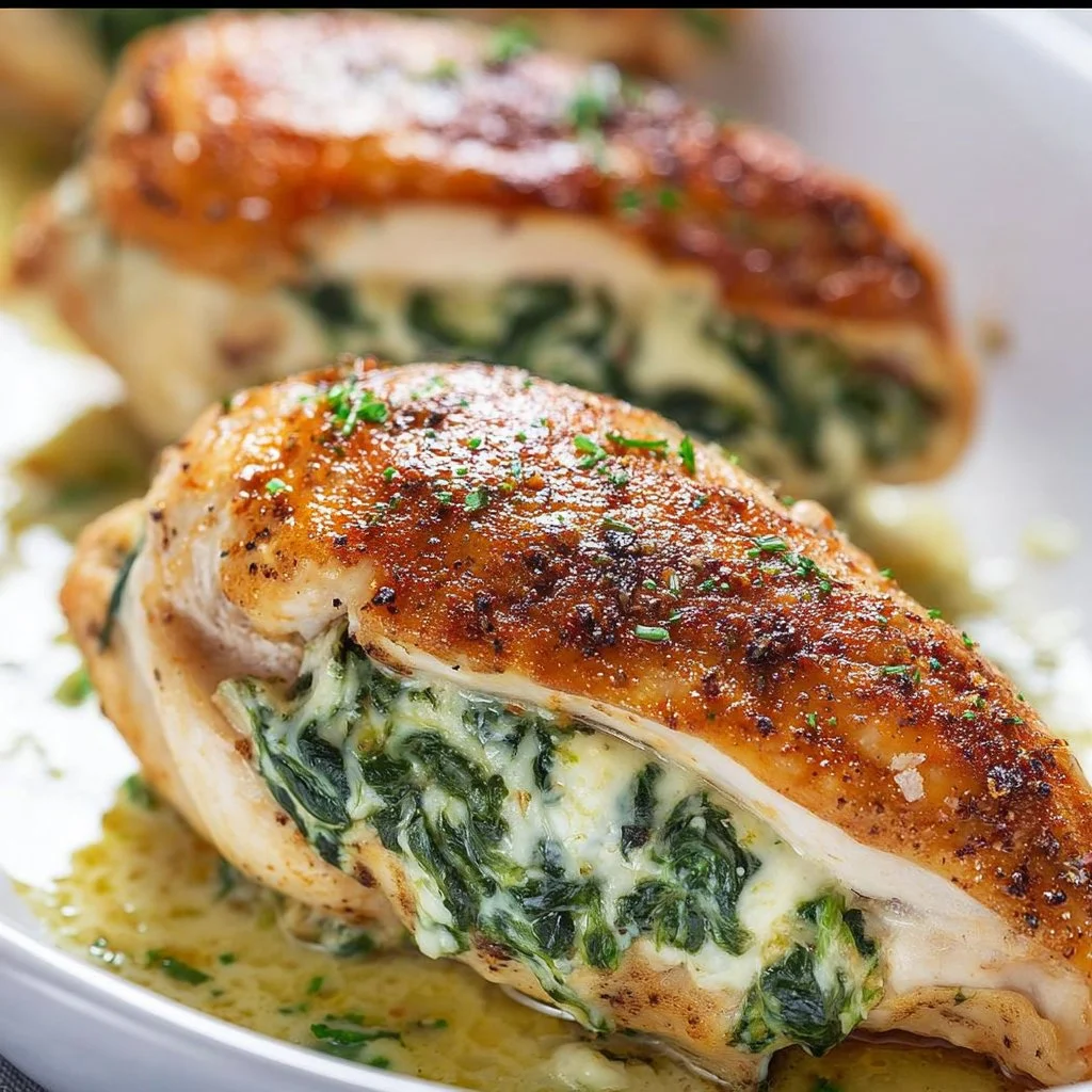Juicy spinach stuffed chicken breasts, garnished and ready to serve.