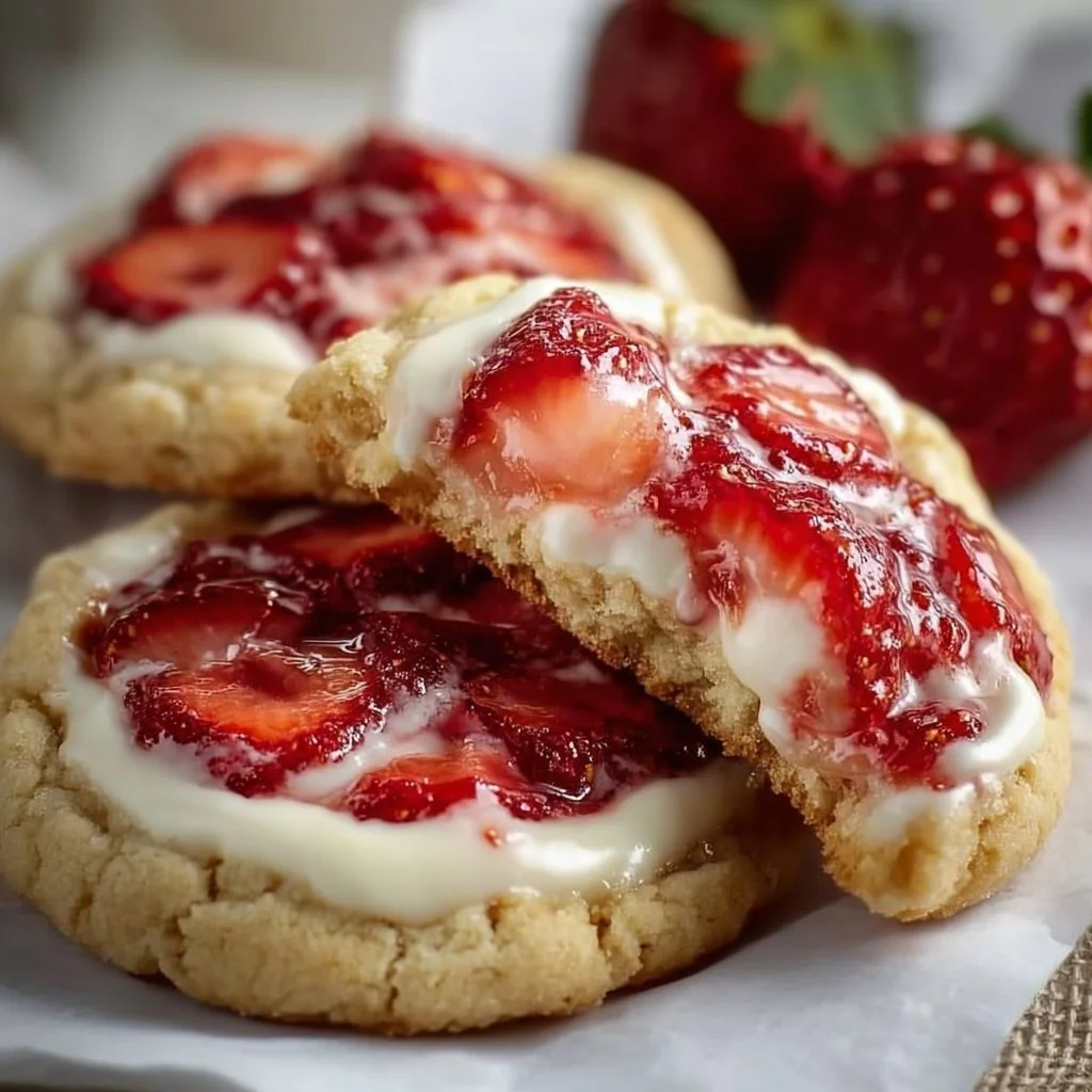 Freshly baked Strawberry Cheesecake Cookies featuring strawberry and cream flavor.