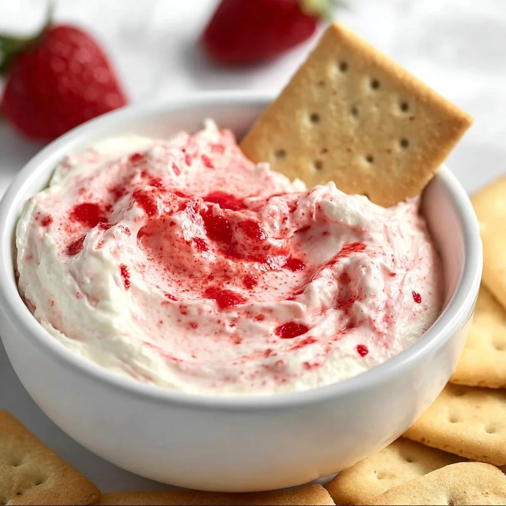 Creamy strawberry cheesecake dip served in a bowl with fresh strawberries on the side.