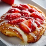 Freshly baked Strawberry Danish pastry with creamy filling and strawberries