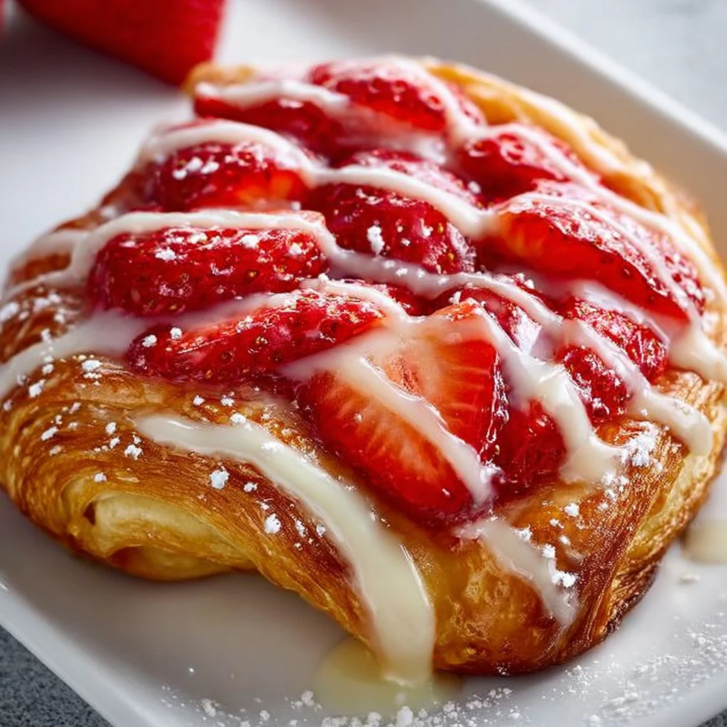 Freshly baked Strawberry Danish pastry with creamy filling and strawberries