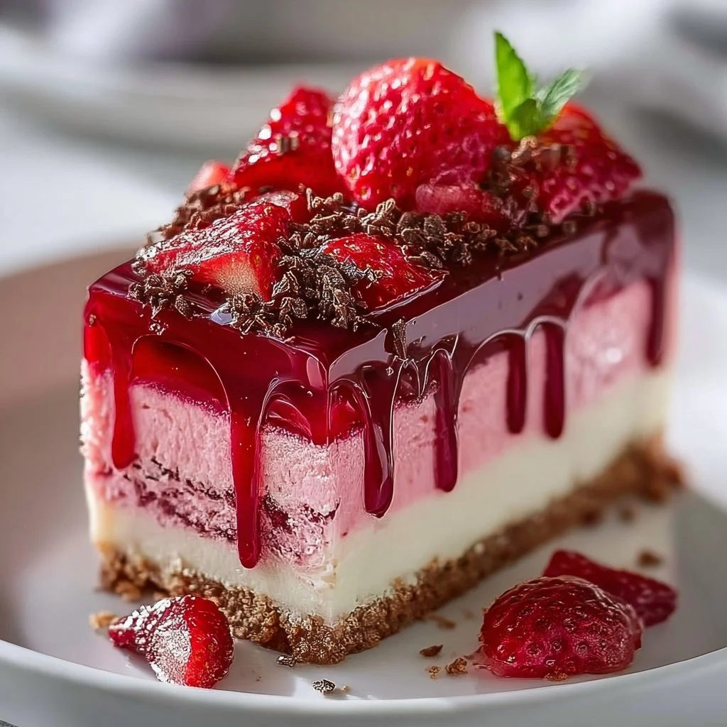 Delicious strawberry lemonade cheesecake slice topped with fresh strawberries.