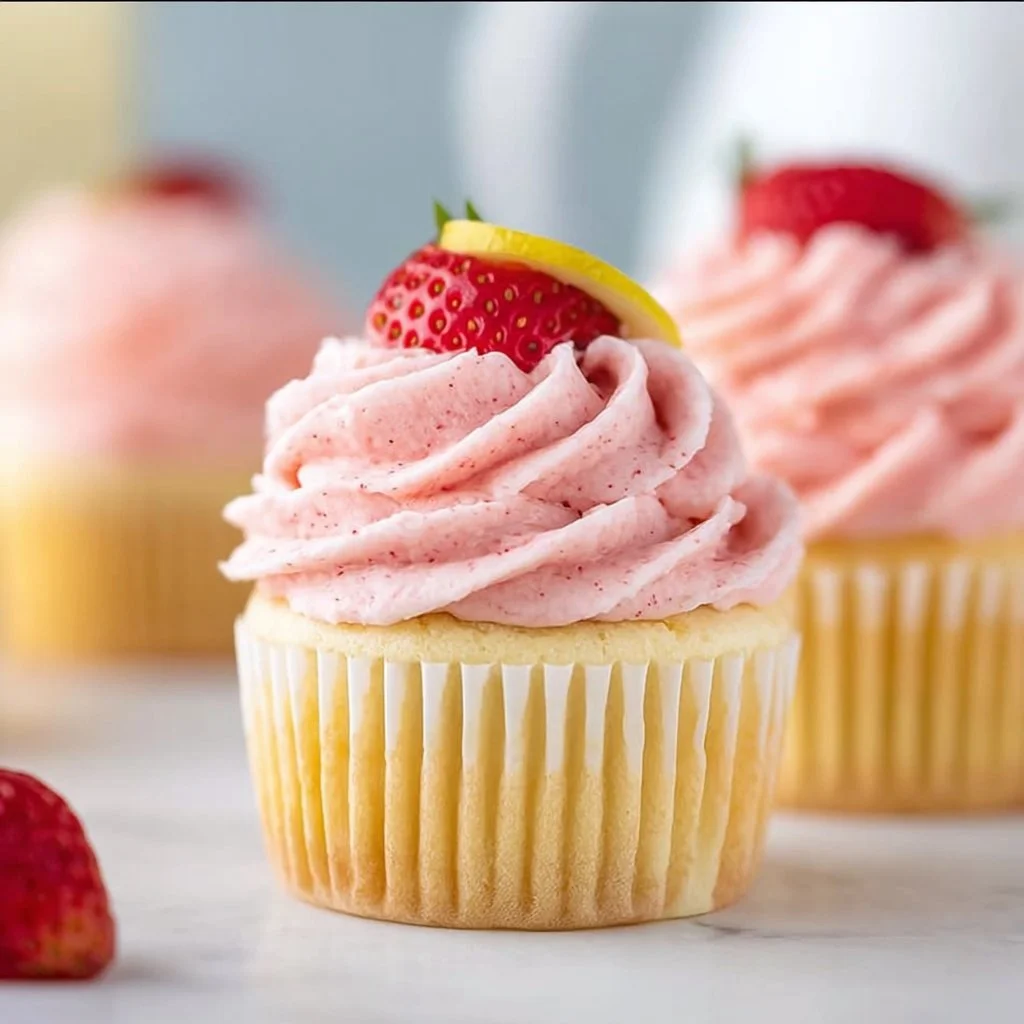 Delicious strawberry lemonade cupcakes topped with lemon frosting and fresh strawberries