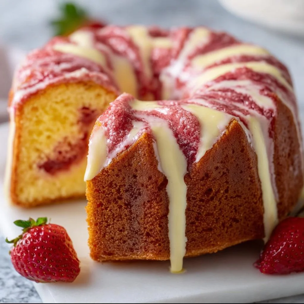 Delicious strawberry milkshake pound cake topped with fresh strawberries and cream.