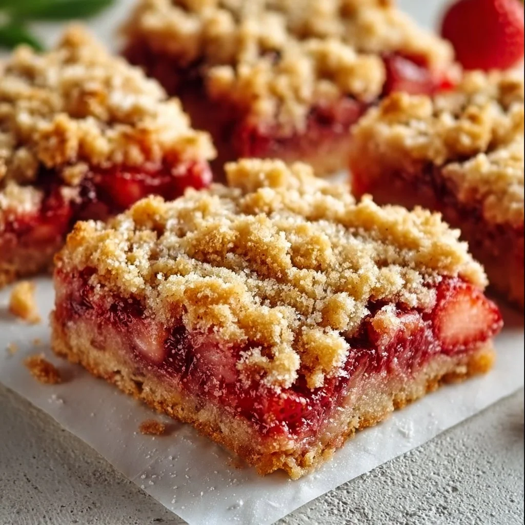 Delicious Strawberry Rhubarb Crumb Bars served on a white plate