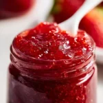 Strawberry Rhubarb Jam 3 Homemade strawberry rhubarb jam in a jar with fresh fruit around it.