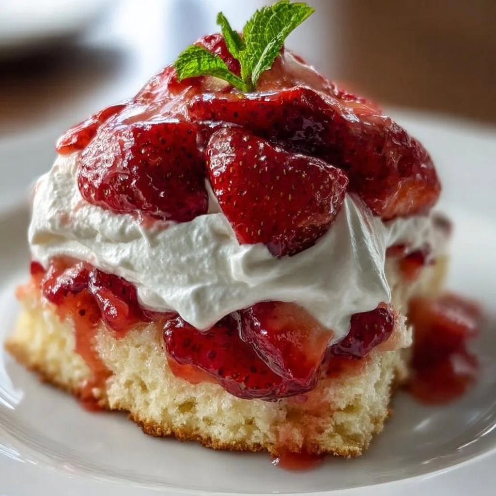 Delicious homemade Strawberry Shortcake topped with fresh strawberries and whipped cream.