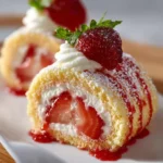 Strawberry Shortcake Cheesecake Rolls 3 Delicious strawberry shortcake cheesecake rolls on a plate garnished with strawberries