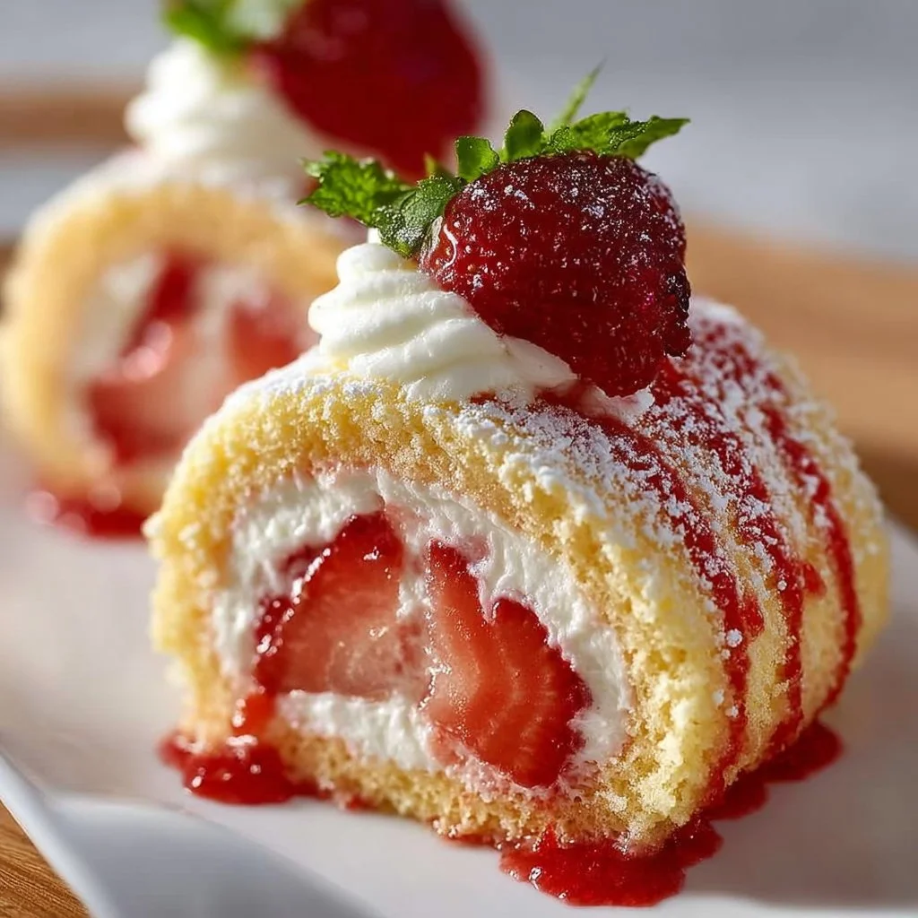 Delicious strawberry shortcake cheesecake rolls on a plate garnished with strawberries