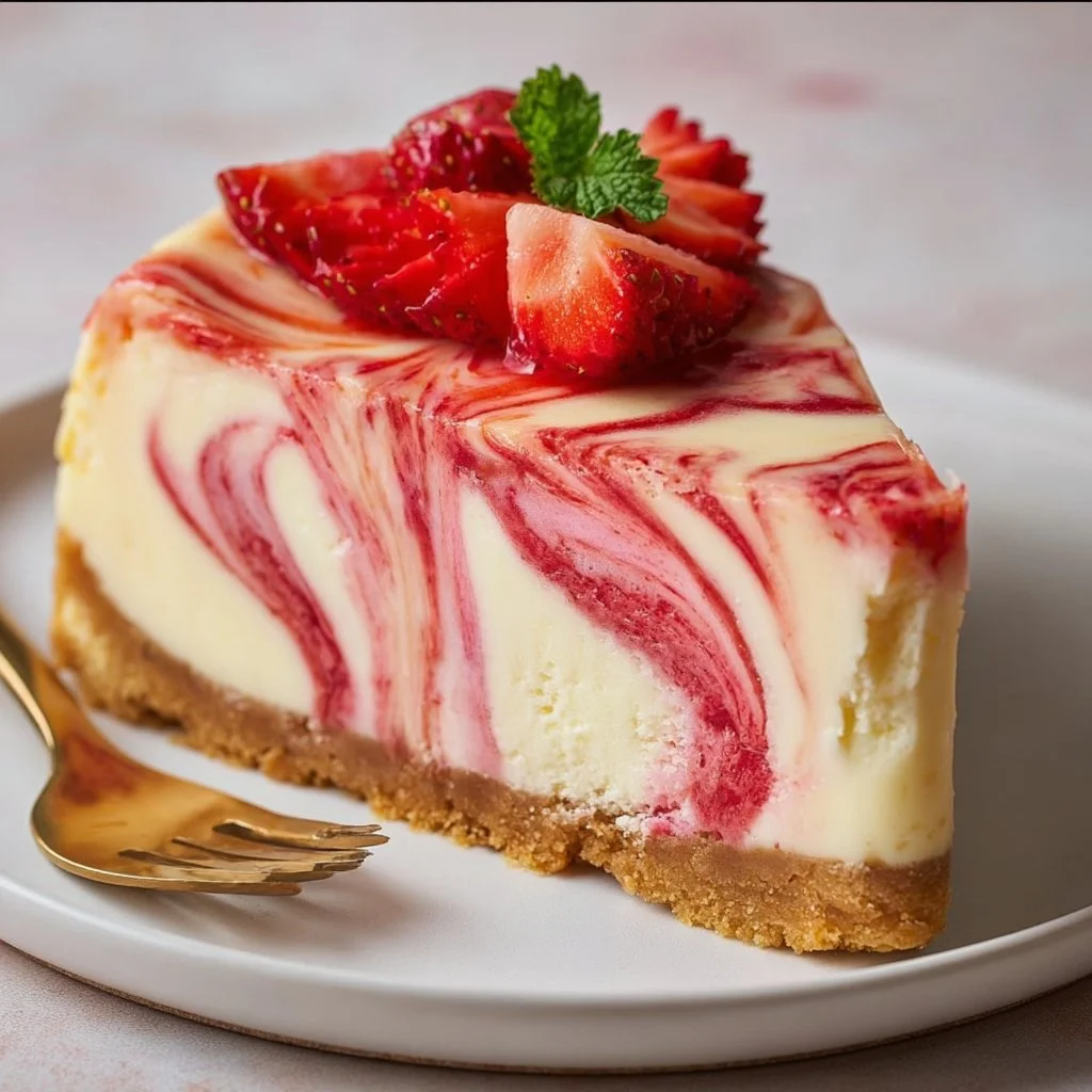 Delicious strawberry swirl cheesecake on a white platter garnished with strawberries