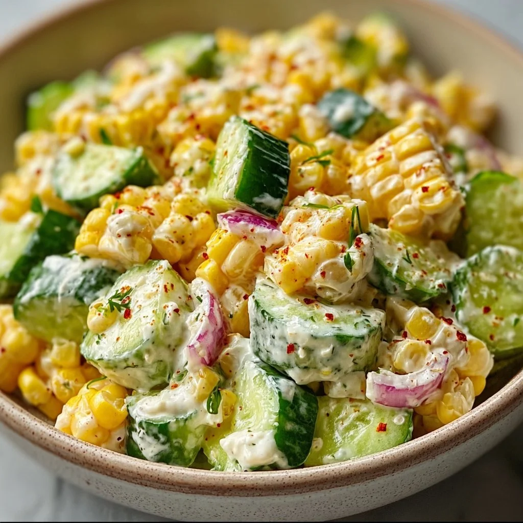 Delicious Street Corn Creamy Cucumber Salad served in a bowl