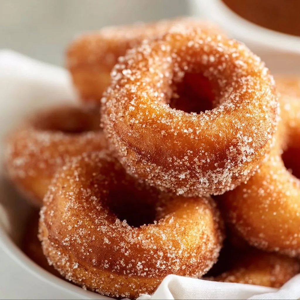 Delicious churro donut bites, golden brown and coated in cinnamon sugar