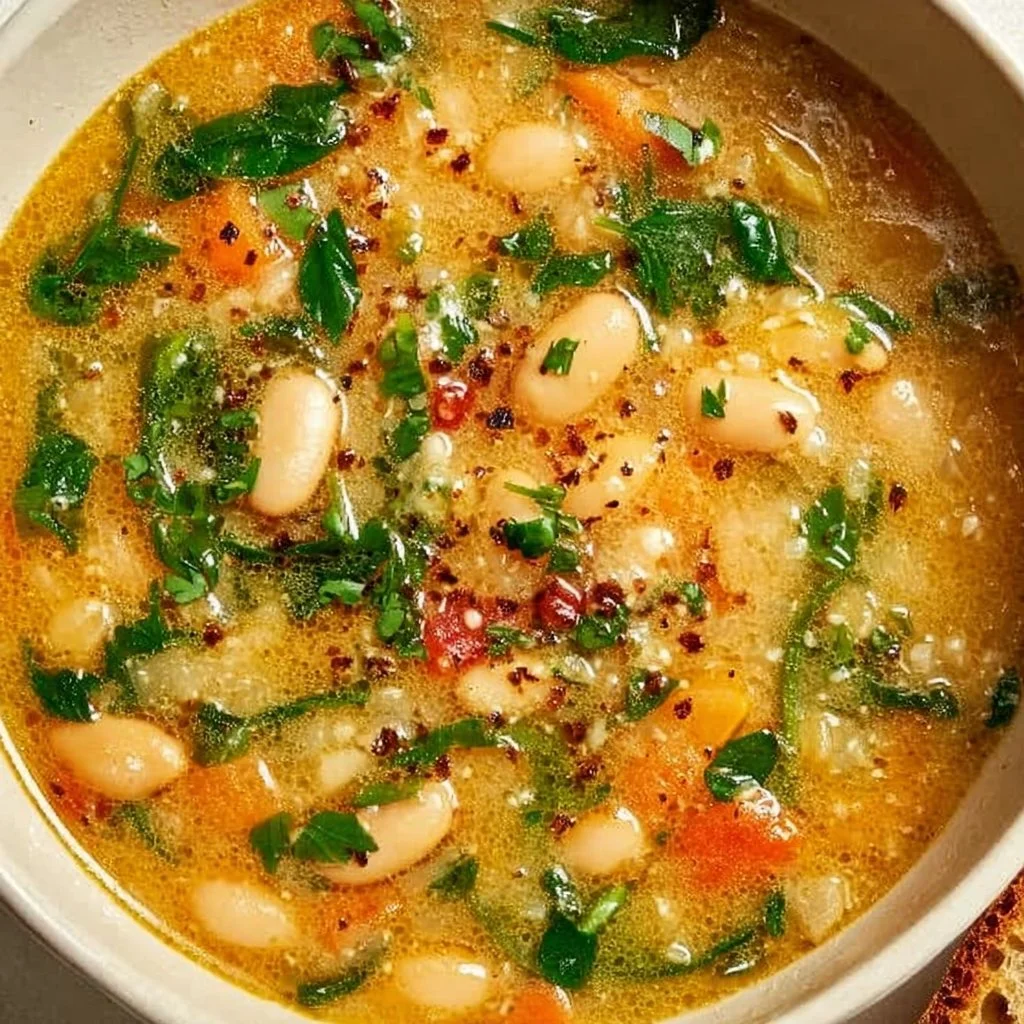 Bowl of delicious Tuscan White Bean Soup garnished with herbs and vegetables.