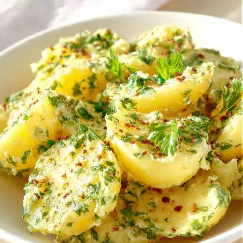 Bowl of Vegan French Potato Salad with colorful vegetables and herbs