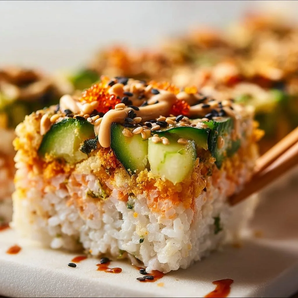 Delicious vegan sushi bake topped with fresh vegetables and avocado